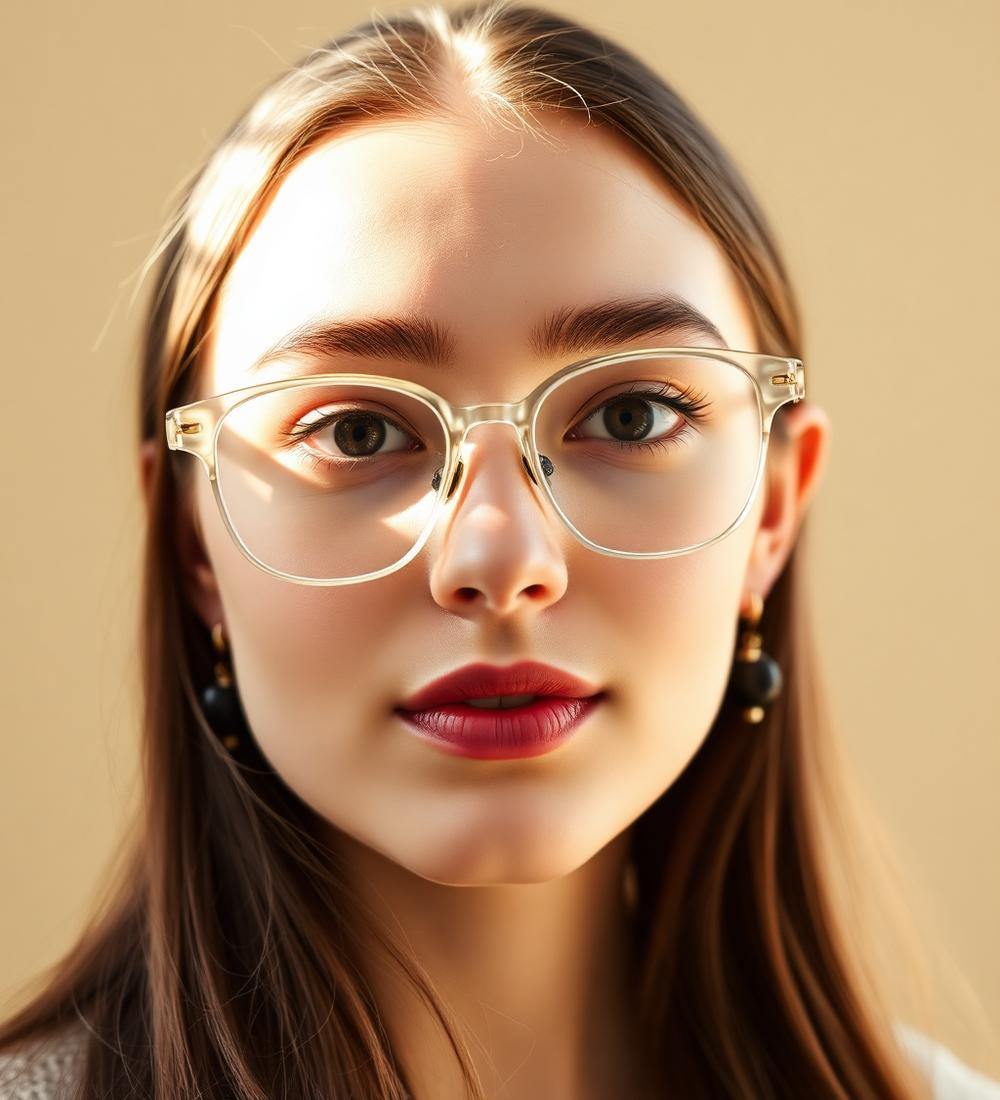 Model wearing clear metal-frame glasses